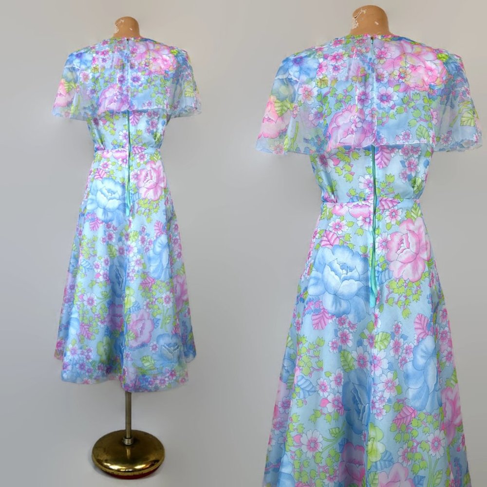 TLC SALE- Vintage 60s 70s Floral Chiffon Day Dress As-Is - Picture 4 of 8